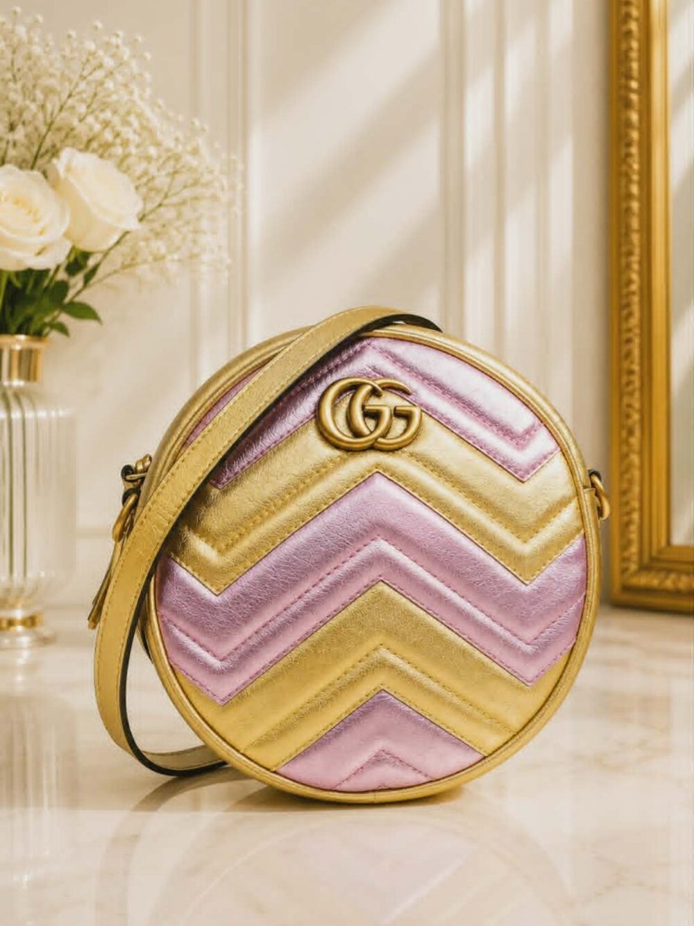 Authentic Gucci GG Marmont Mini Round Metallic Gold Pink Leather Crossbody Bag
